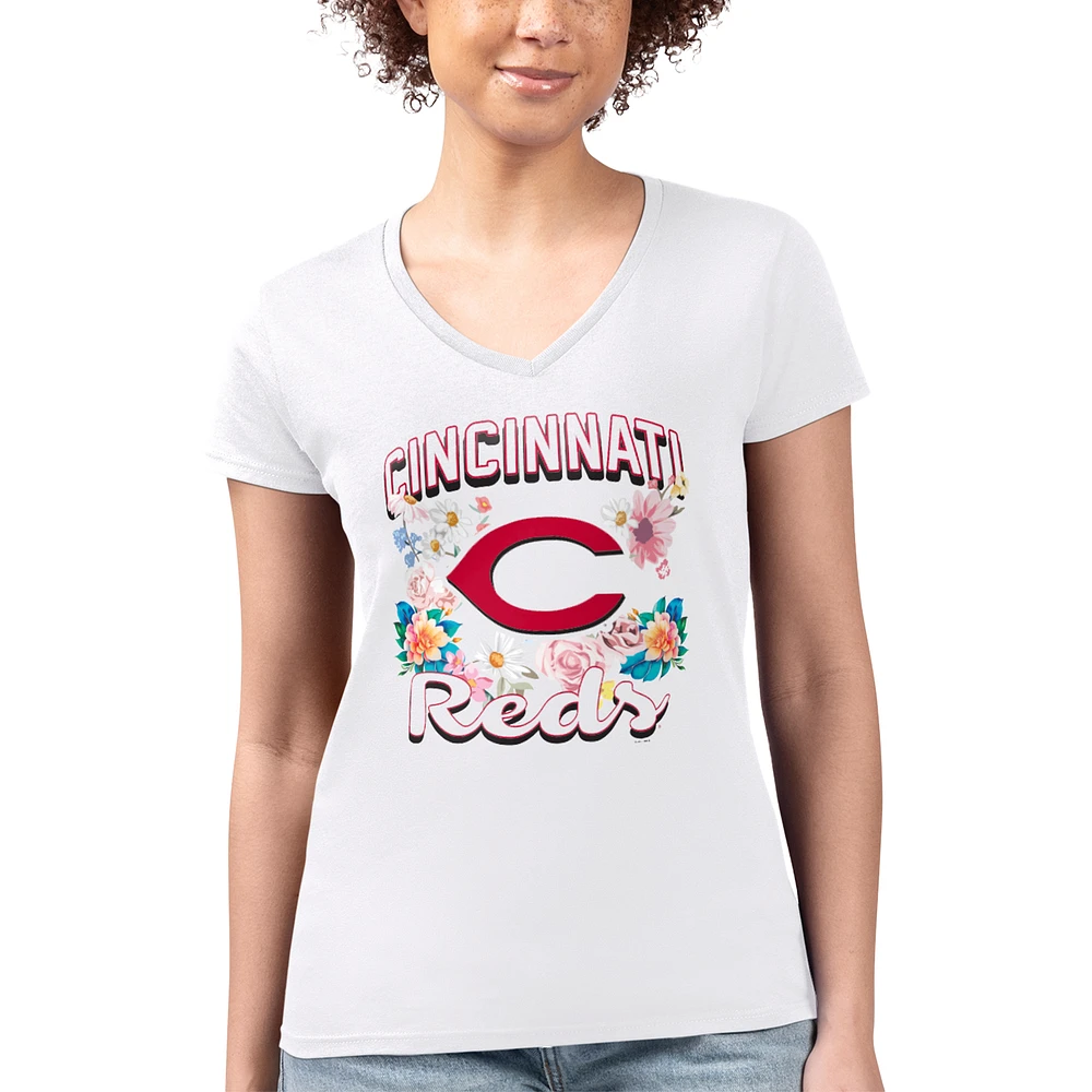Women's G-III 4Her by Carl Banks Cincinnati Reds Super-Slim Fit Lightweight Flowers Graphic V-Neck T-Shirt
