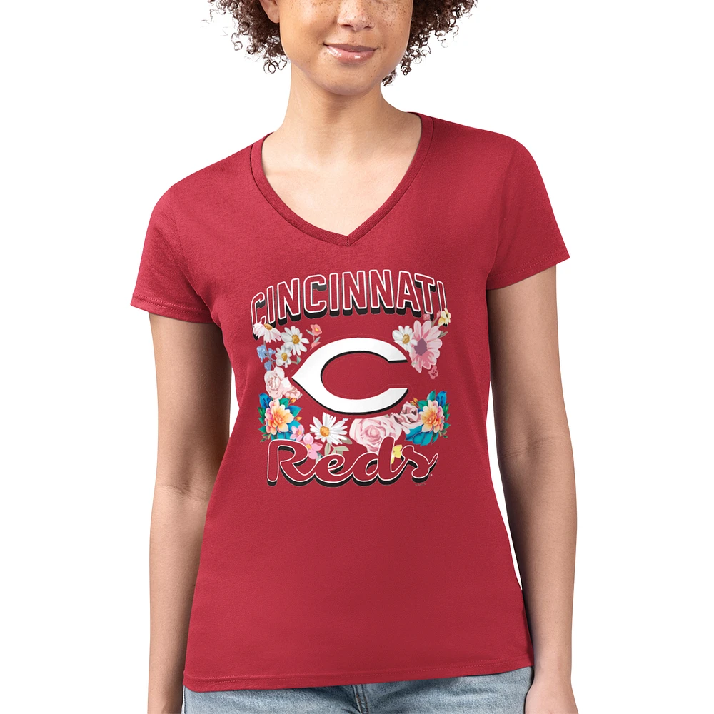 Women's G-III 4Her by Carl Banks Cincinnati Reds Super-Slim Fit Lightweight Flowers Graphic V-Neck T-Shirt
