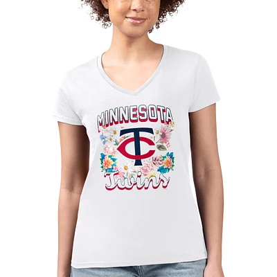 Women's G-III 4Her by Carl Banks White Minnesota Twins Super-Slim Fit Lightweight Flowers Graphic V-Neck T-Shirt