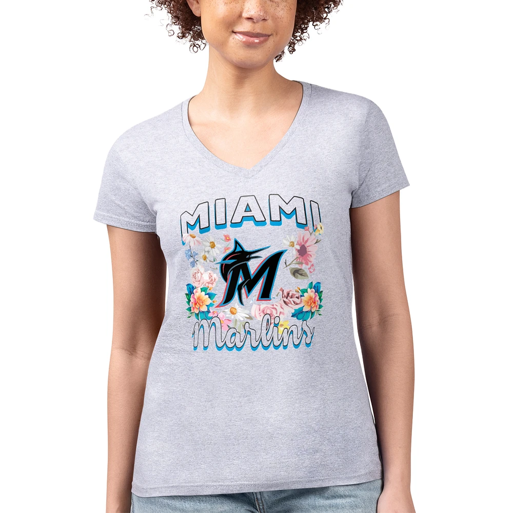 Women's G-III 4Her by Carl Banks Heather Gray Miami Marlins Super-Slim Fit Lightweight Flowers Graphic V-Neck T-Shirt