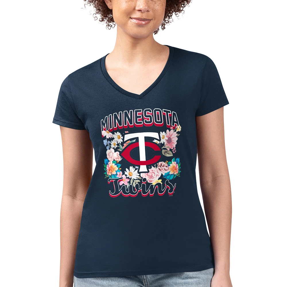 Women's G-III 4Her by Carl Banks Navy Minnesota Twins Super-Slim Fit Lightweight Flowers Graphic V-Neck T-Shirt