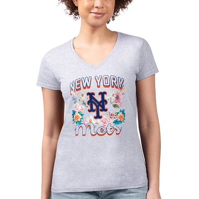 Women's G-III 4Her by Carl Banks Heather Gray New York Mets Super-Slim Fit Lightweight Flowers Graphic V-Neck T-Shirt