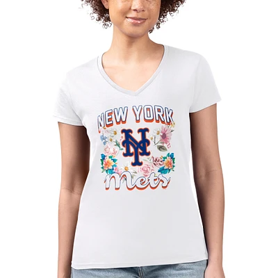 Women's G-III 4Her by Carl Banks White New York Mets Super-Slim Fit Lightweight Flowers Graphic V-Neck T-Shirt