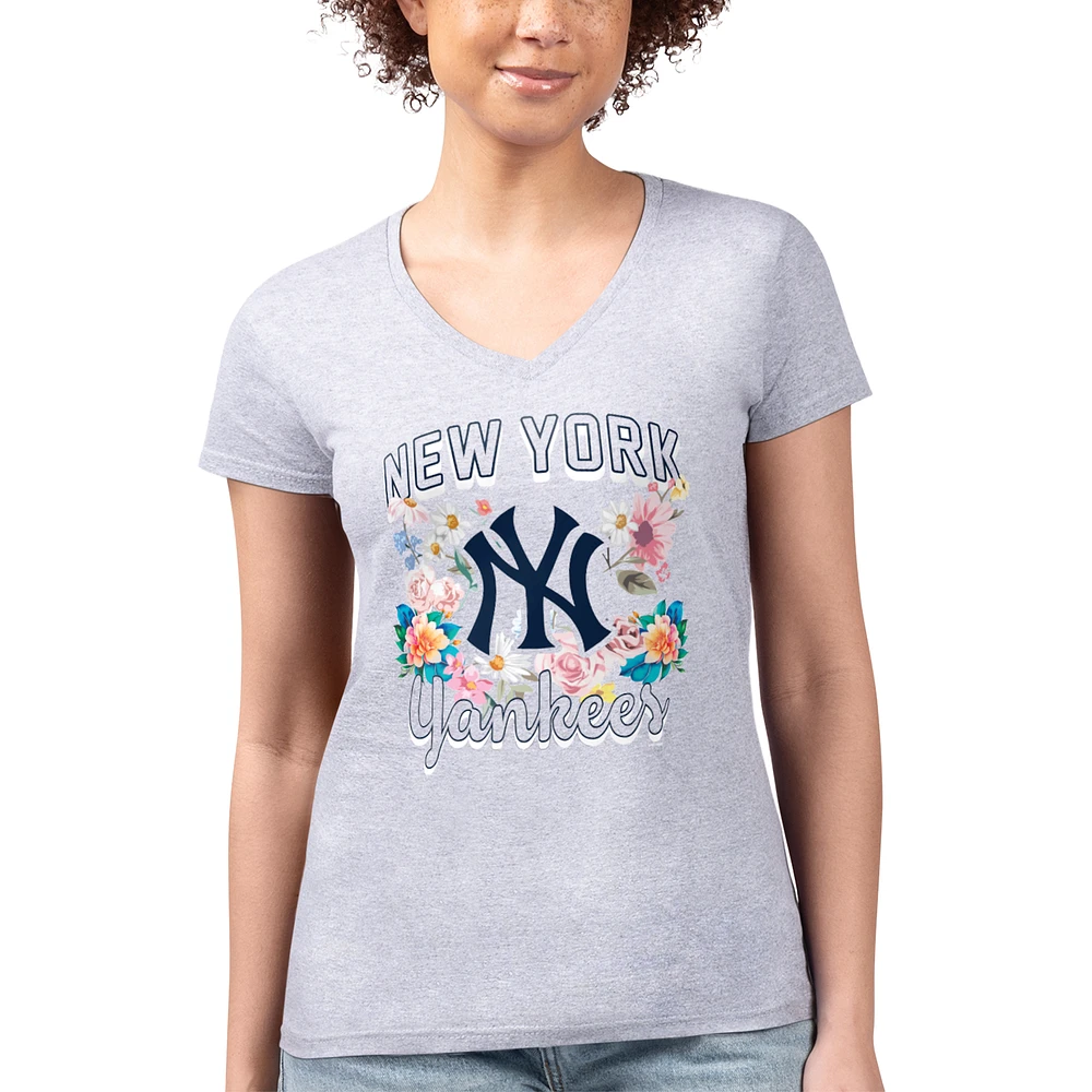 Women's G-III 4Her by Carl Banks Heather Gray New York Yankees Super-Slim Fit Lightweight Flowers Graphic V-Neck T-Shirt