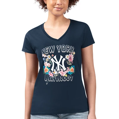 Women's G-III 4Her by Carl Banks Navy New York Yankees Super-Slim Fit Lightweight Flowers Graphic V-Neck T-Shirt