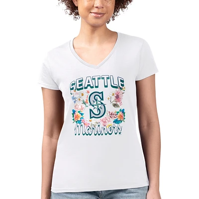 Women's G-III 4Her by Carl Banks White Seattle Mariners Super-Slim Fit Lightweight Flowers Graphic V-Neck T-Shirt
