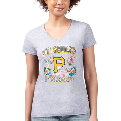 Women's G-III 4Her by Carl Banks Heather Gray Pittsburgh Pirates Super-Slim Fit Lightweight Flowers Graphic V-Neck T-Shirt