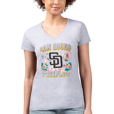 Women's G-III 4Her by Carl Banks Heather Gray San Diego Padres Super-Slim Fit Lightweight Flowers Graphic V-Neck T-Shirt