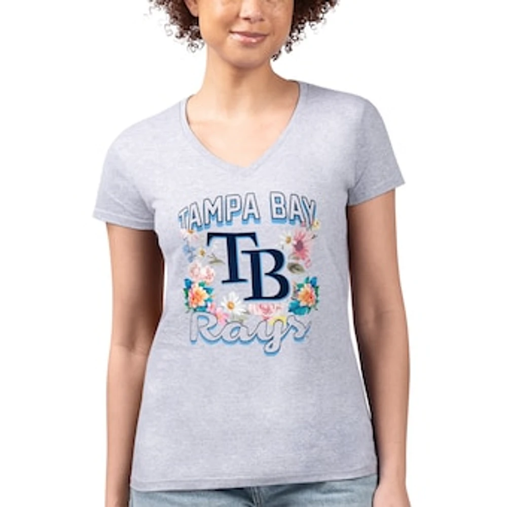 Women's G-III 4Her by Carl Banks Heather Gray Tampa Bay Rays Super-Slim Fit Lightweight Flowers Graphic V-Neck T-Shirt