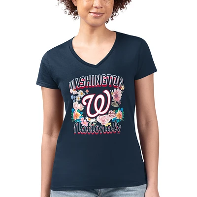 Women's G-III 4Her by Carl Banks Navy Washington Nationals Super-Slim Fit Lightweight Flowers Graphic V-Neck T-Shirt