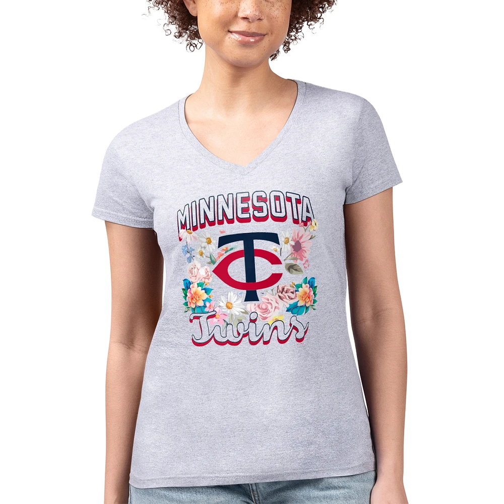 Women's G-III 4Her by Carl Banks Heather Gray Minnesota Twins Super-Slim Fit Lightweight Flowers Graphic V-Neck T-Shirt