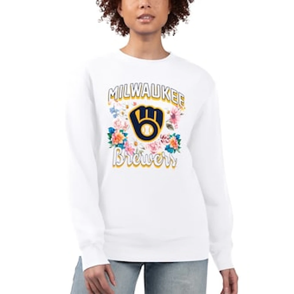 Women's G-III 4Her by Carl Banks White Milwaukee Brewers Flowers Graphic Pullover Sweatshirt