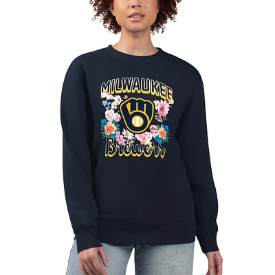 Women's G-III 4Her by Carl Banks Navy Milwaukee Brewers Flowers Graphic Pullover Sweatshirt