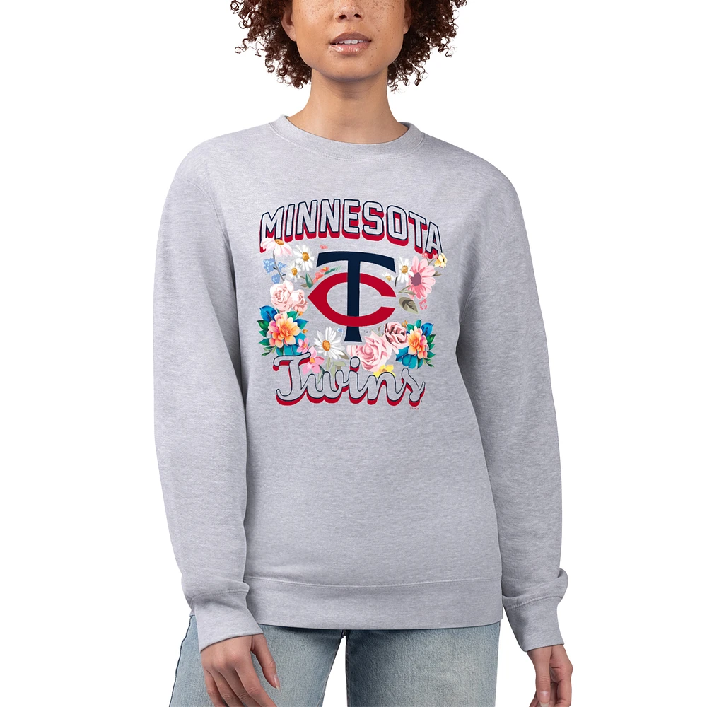 Women's G-III 4Her by Carl Banks Heather Gray Minnesota Twins Flowers Graphic Pullover Sweatshirt