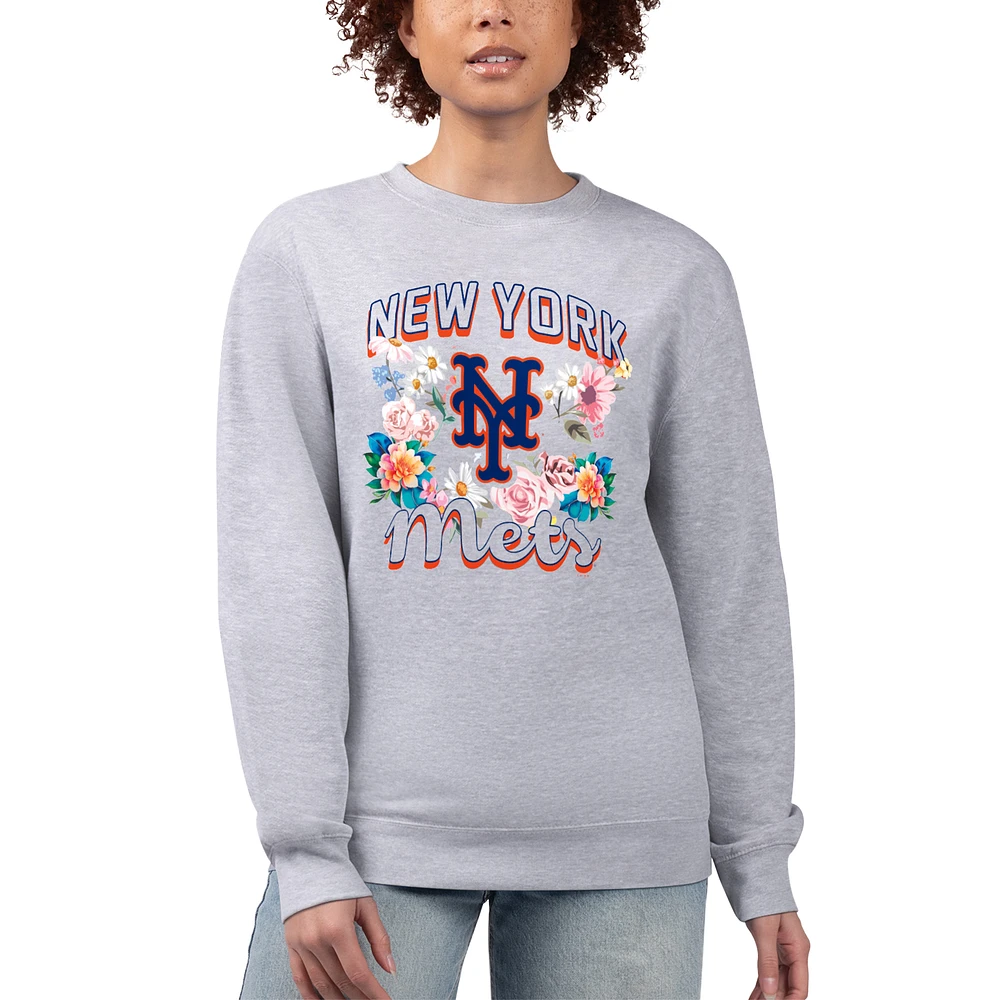 Women's G-III 4Her by Carl Banks Heather Gray New York Mets Flowers Graphic Pullover Sweatshirt