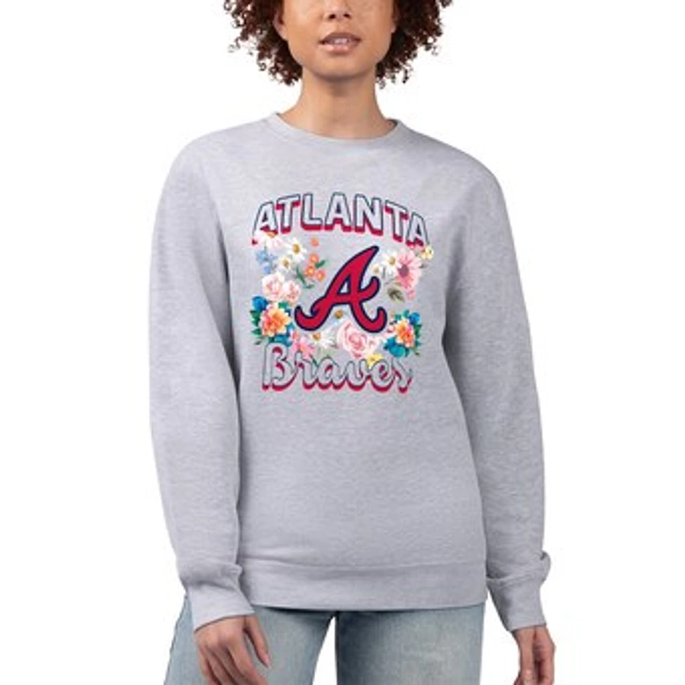 Women's G-III 4Her by Carl Banks Heather Gray Atlanta Braves Flowers Graphic Pullover Sweatshirt
