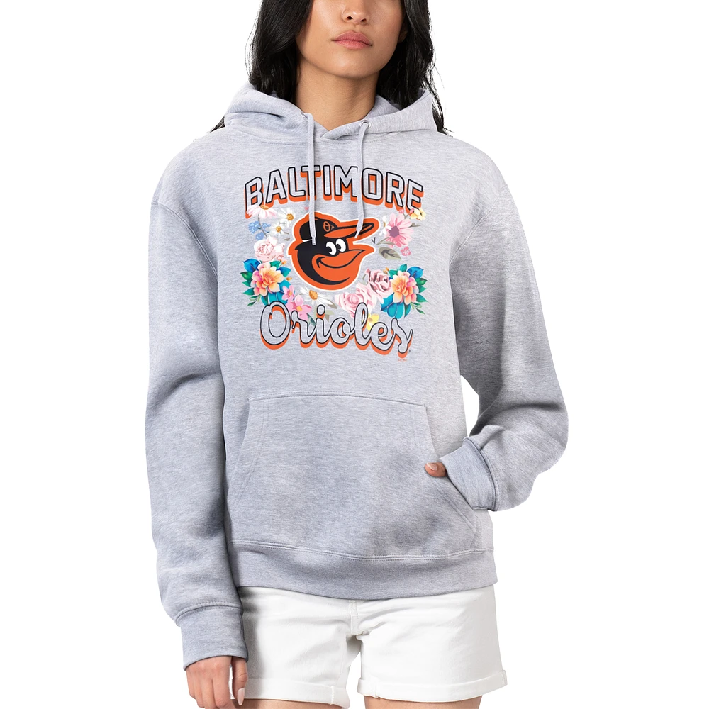 Women's G-III 4Her by Carl Banks Heather Gray Baltimore Orioles Flowers Graphic Pullover Hoodie