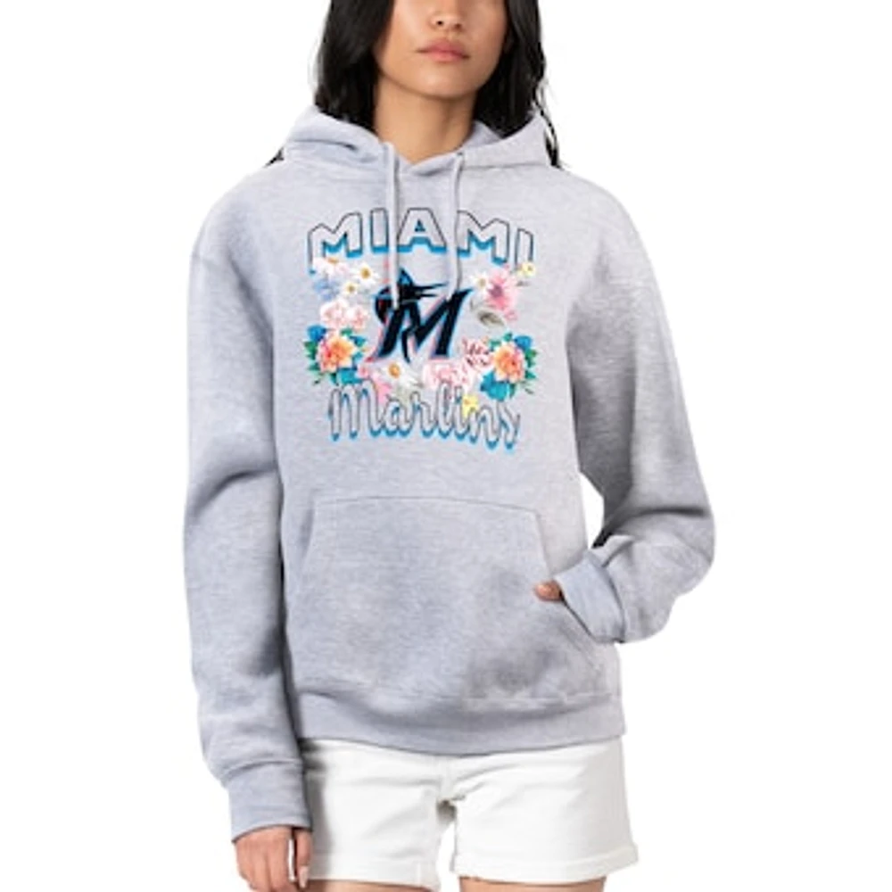 Women's G-III 4Her by Carl Banks Heather Gray Miami Marlins Flowers Graphic Pullover Hoodie