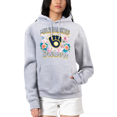 Women's G-III 4Her by Carl Banks Heather Gray Milwaukee Brewers Flowers Graphic Pullover Hoodie
