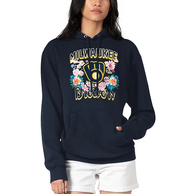 Women's G-III 4Her by Carl Banks Navy Milwaukee Brewers Flowers Graphic Pullover Hoodie