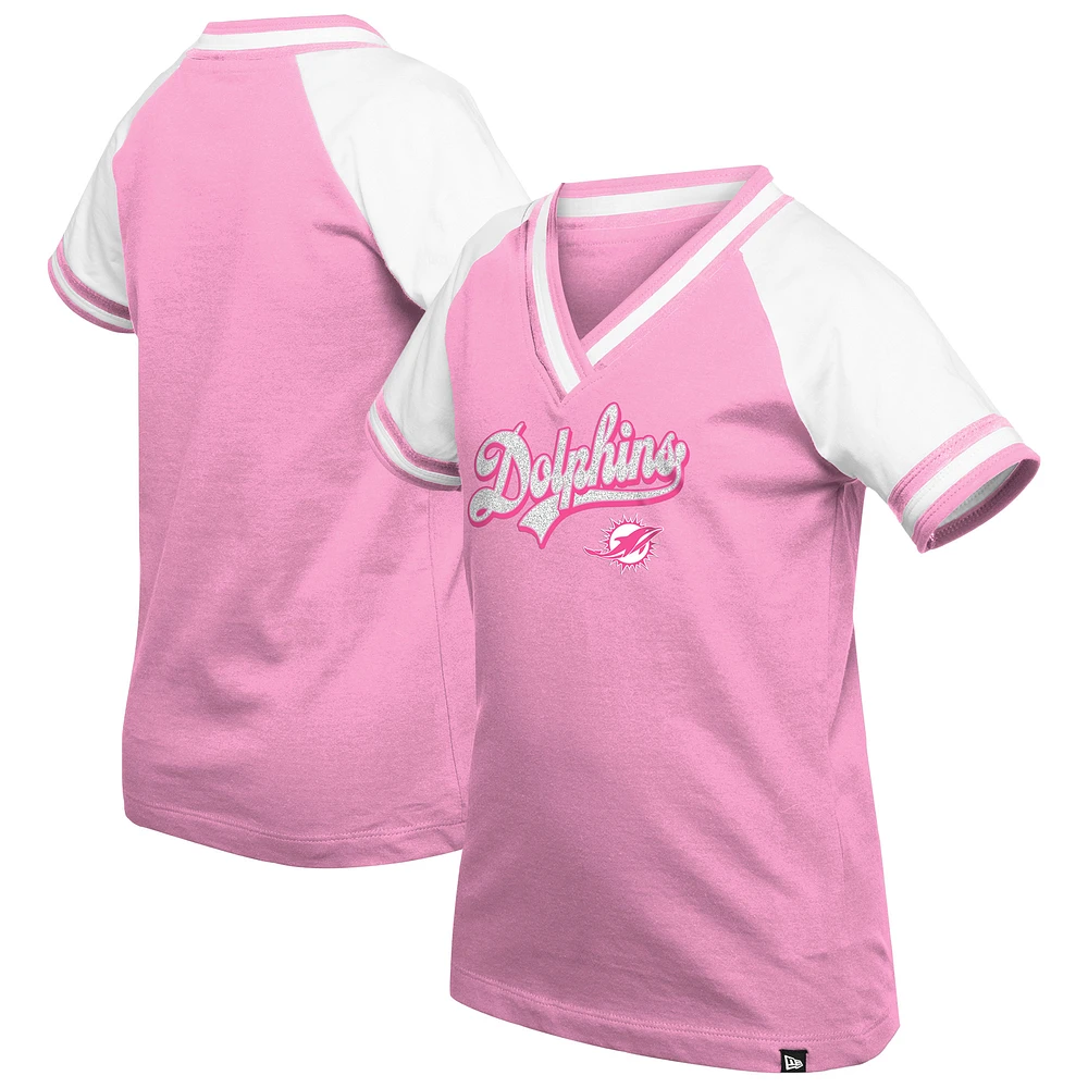 Girl's Youth New Era Pink Miami Dolphins Mommy & Me Multiplier Raglan V-Neck T-Shirt