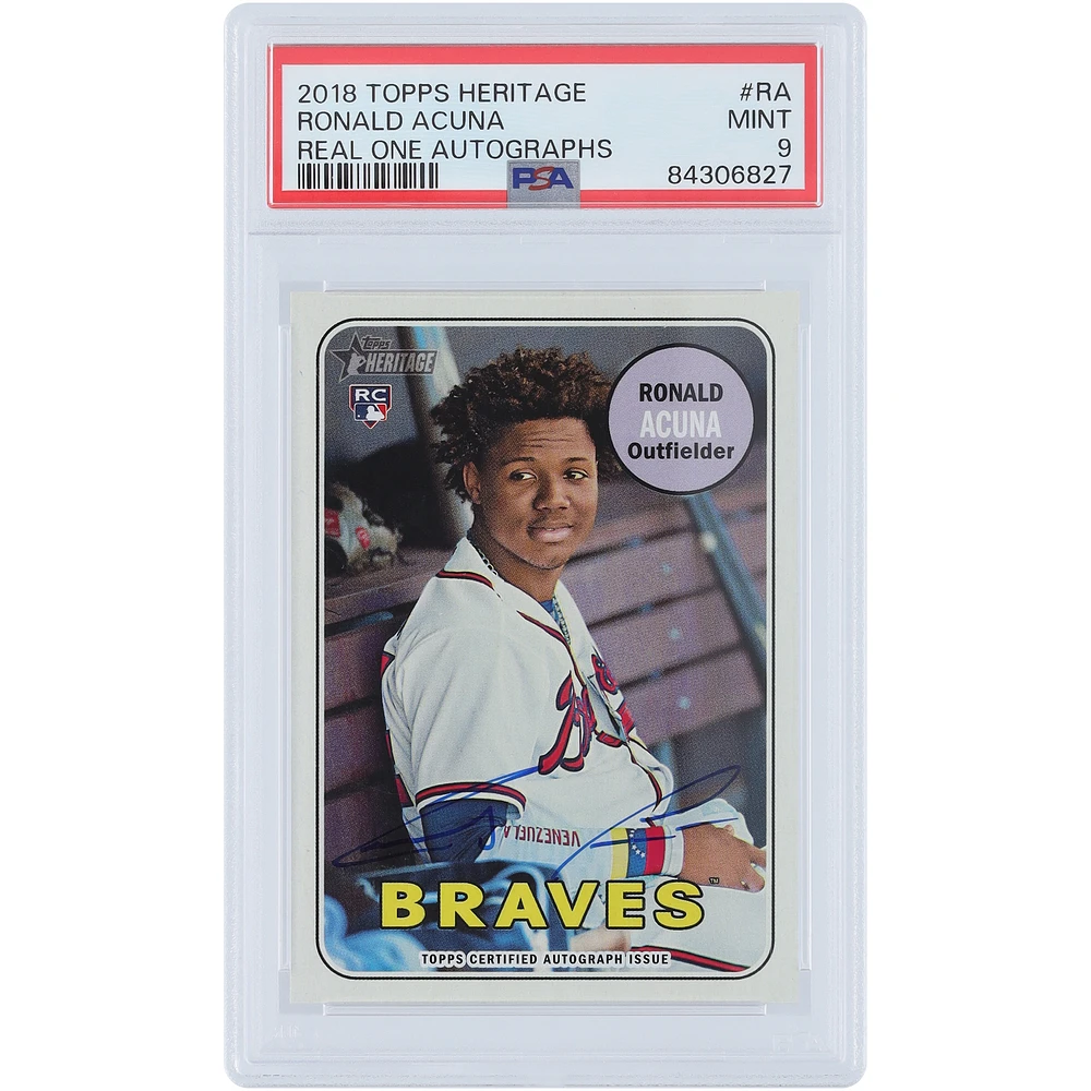 Ronald Acuna Jr. Atlanta Braves Autographed 2018 Topps Heritage Real One #ROA-RA PSA Authenticated 9 Rookie Card