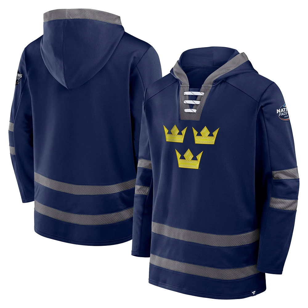 Men's Fanatics Athletic Navy Sweden 2025 4 Nations Face-Off Inside Line Pullover Hoodie