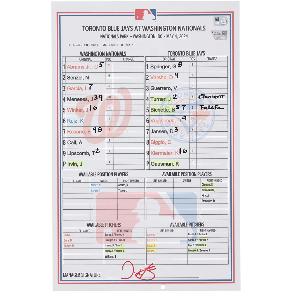 Washington Nationals Game-Used Lineup Card vs. Toronto Blue Jays on May 4, 2024