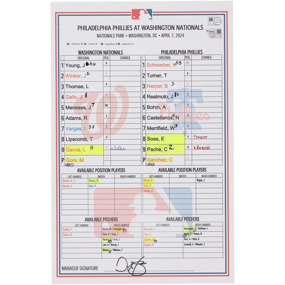 Washington Nationals Game-Used Lineup Card vs. Philadelphia Phillies on April 7, 2024