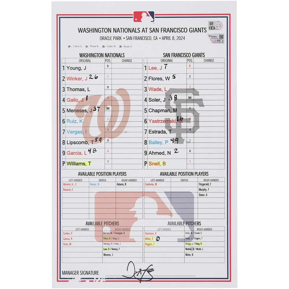 Washington Nationals Game-Used Lineup Card vs. San Francisco Giants on April 8, 2024