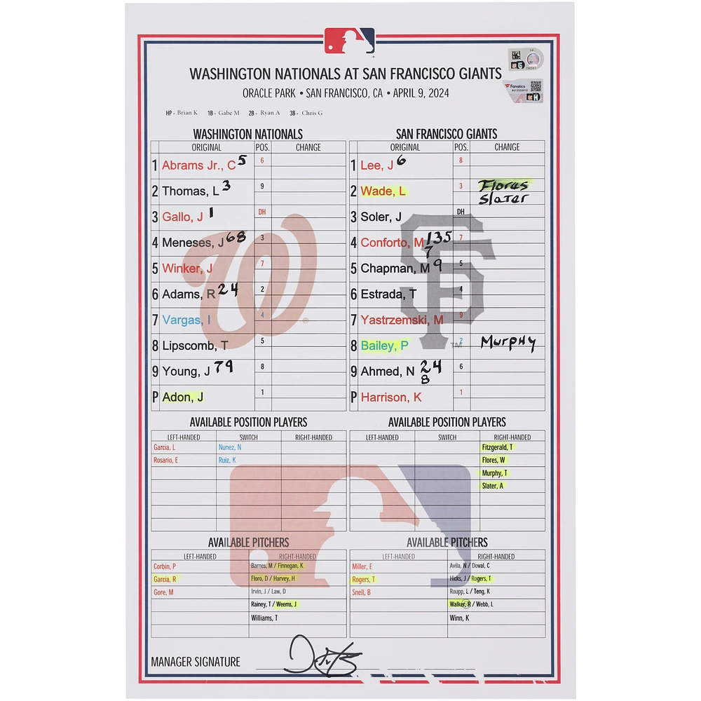 Washington Nationals Game-Used Lineup Card vs. San Francisco Giants on April 9, 2024