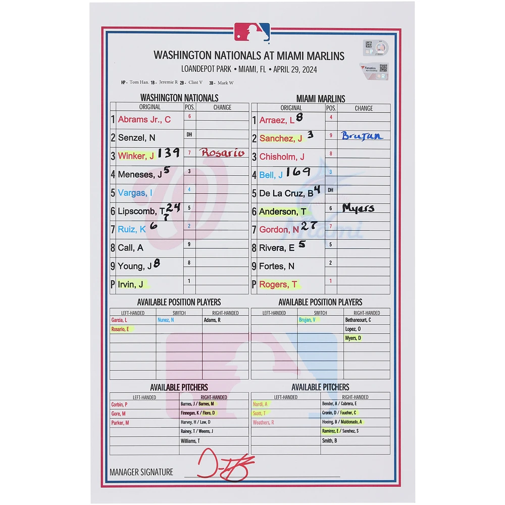Washington Nationals Game-Used Lineup Card vs. Miami Marlins on April 29, 2024