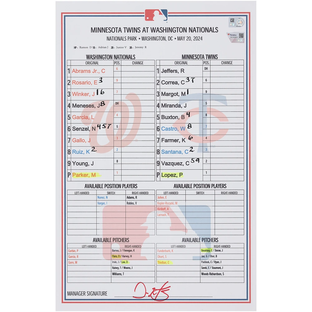 Washington Nationals Game-Used Lineup Card vs. Minnesota Twins on May 20, 2024