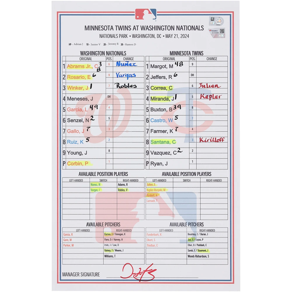 Washington Nationals Game-Used Lineup Card vs. Minnesota Twins on May 21, 2024