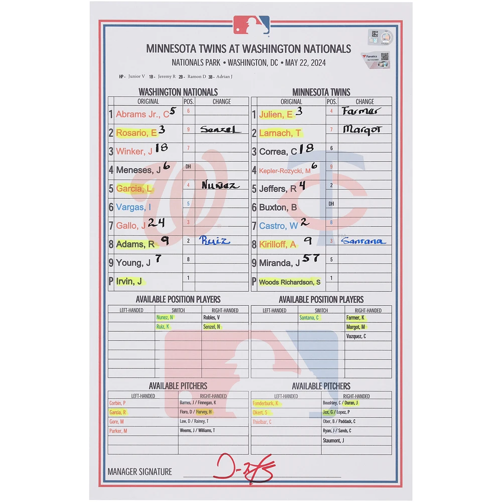 Washington Nationals Game-Used Lineup Card vs. Minnesota Twins on May 22, 2024