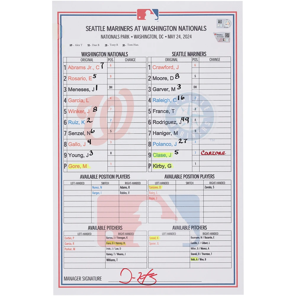 Washington Nationals Game-Used Lineup Card vs. Seattle Mariners on May 24, 2024