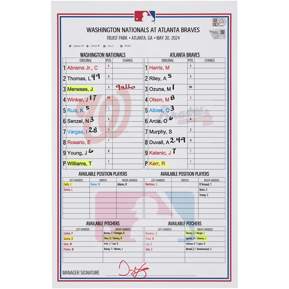 Washington Nationals Game-Used Lineup Card vs. Atlanta Braves on May 30, 2024