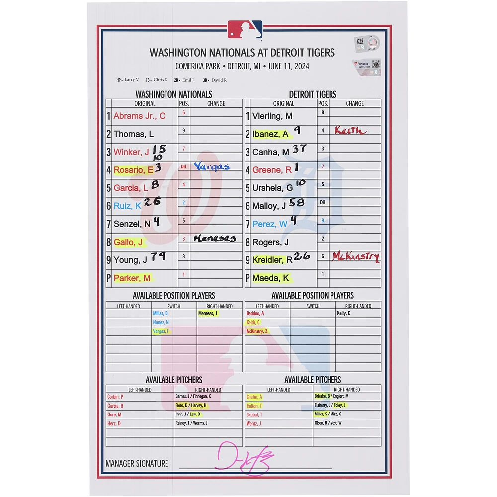 Washington Nationals Game-Used Lineup Card vs. Detroit Tigers on June 11, 2024