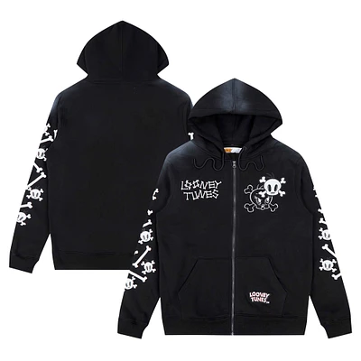 Men's Freeze Max Black Looney Tunes Tweety Bones Hoodie Full-Zip Sweatshirt