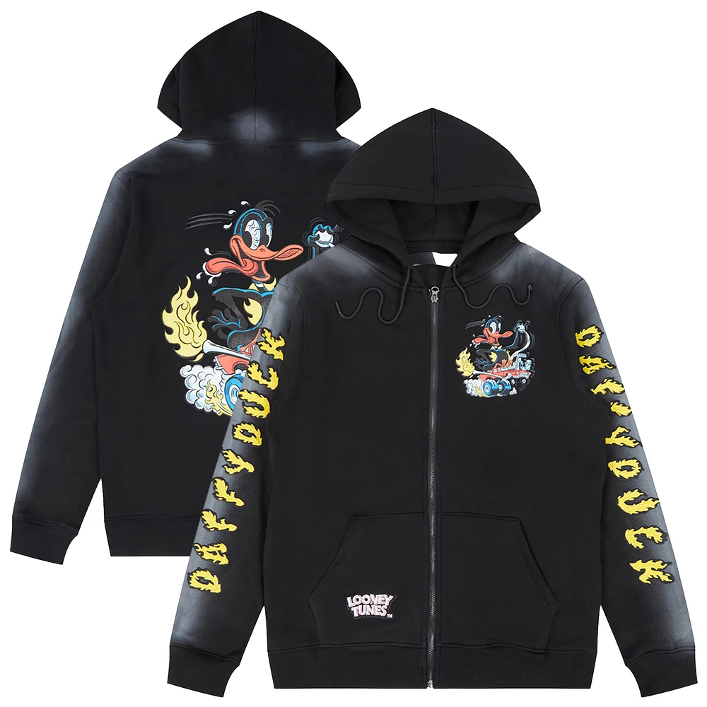 Men's Freeze Max Black Looney Tunes Hot Rod Daffy Hoodie Full-Zip Sweatshirt