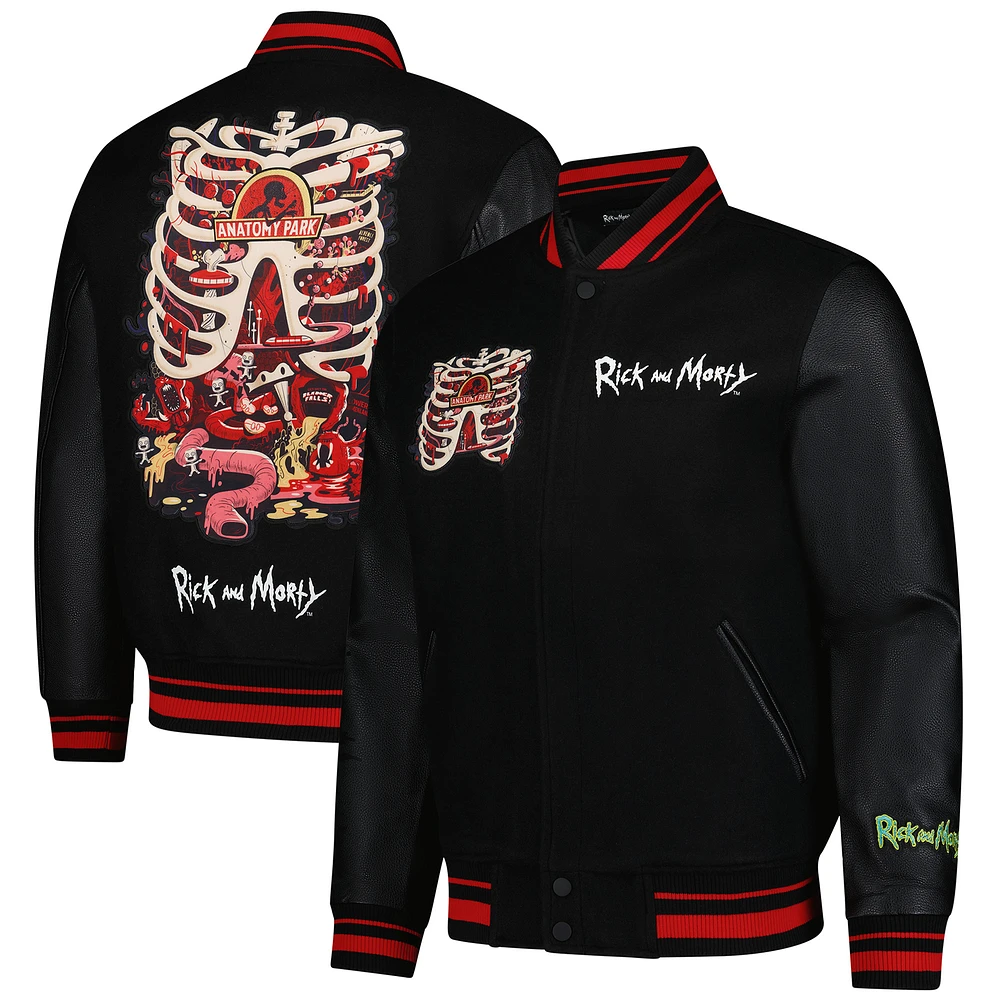 Men's Freeze Max Black Rick And Morty Anatomy Park Full-Zip Varsity Jacket