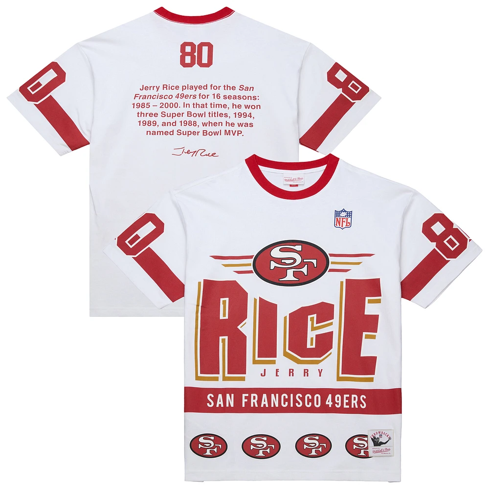 Men's Mitchell & Ness Jerry Rice White San Francisco 49ers Name Number Team Origins Vintage Logo T-Shirt