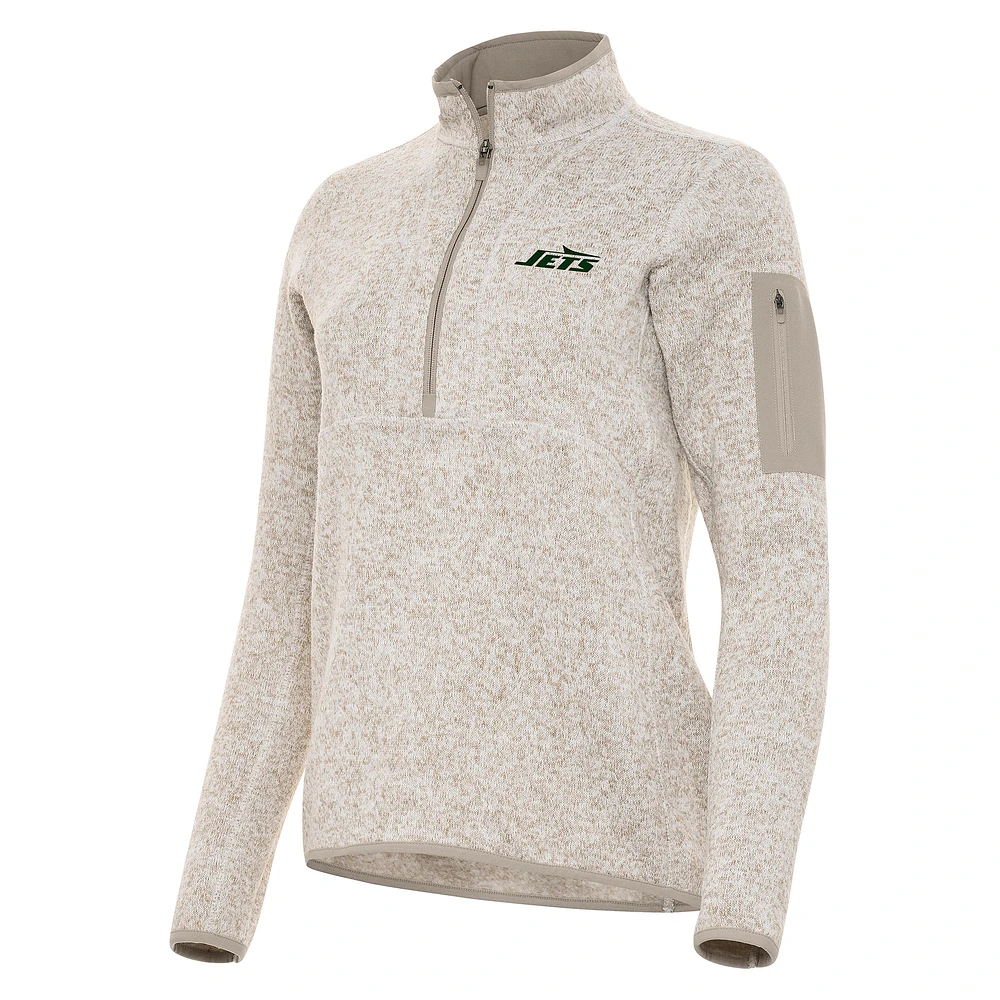 Women's Antigua Oatmeal New York Jets Fortune Half-Zip Jacket