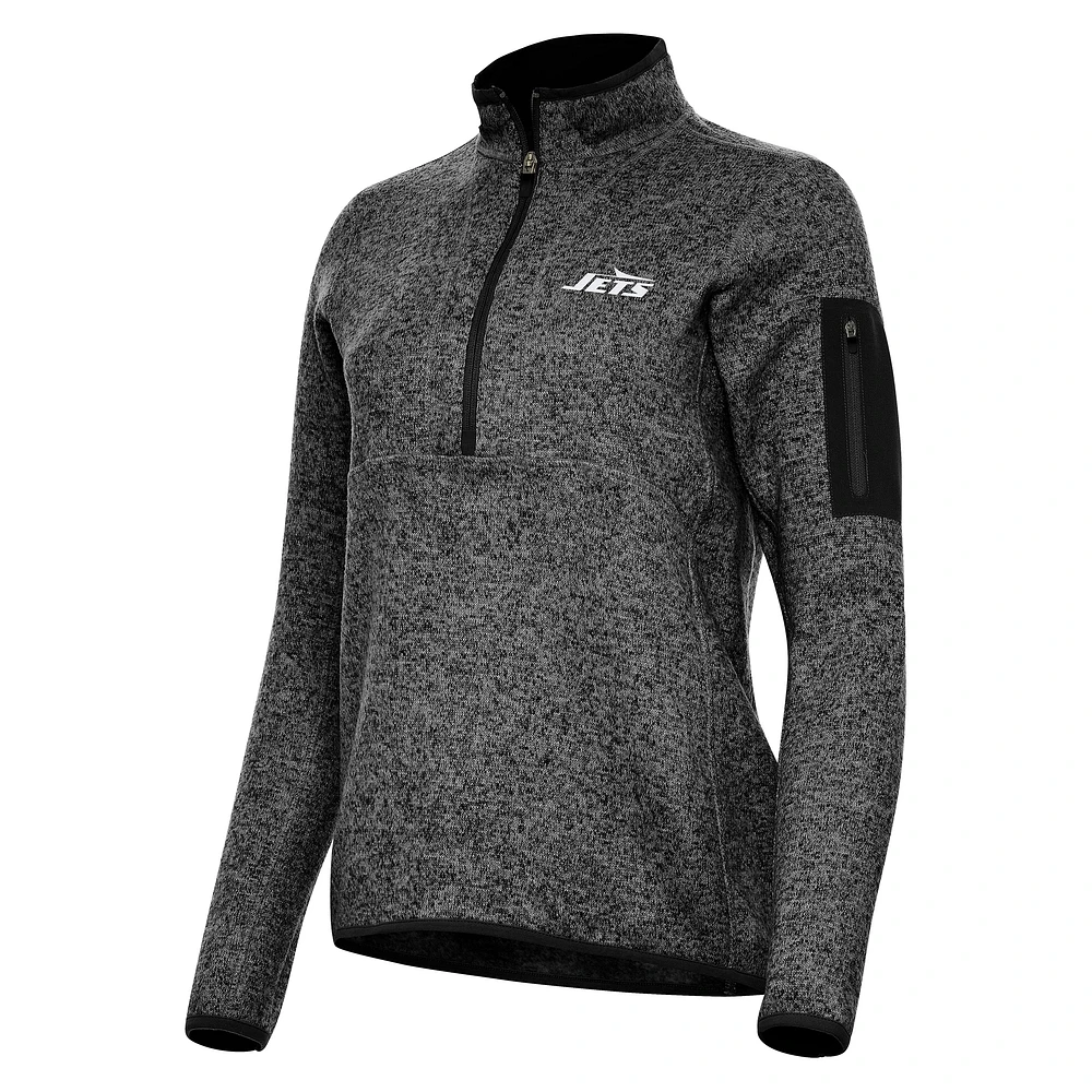 Women's Antigua Heather Black New York Jets Fortune Half-Zip Jacket