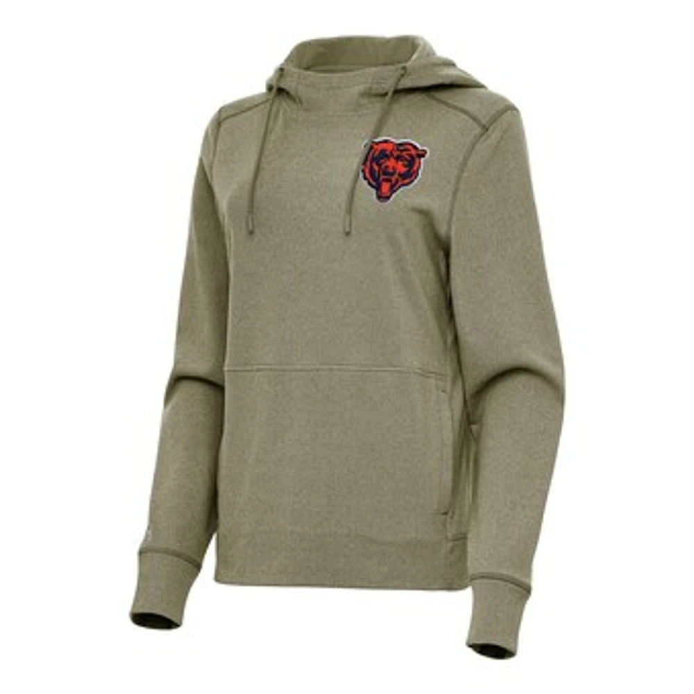 Women's Antigua Heather Olive Chicago Bears Justice Pullover Hoodie