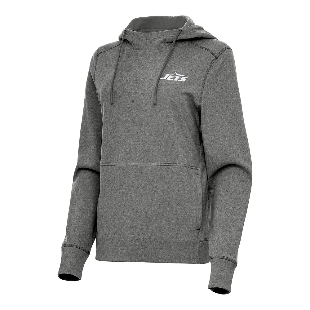 Women's Antigua Heather Black New York Jets Justice Pullover Hoodie