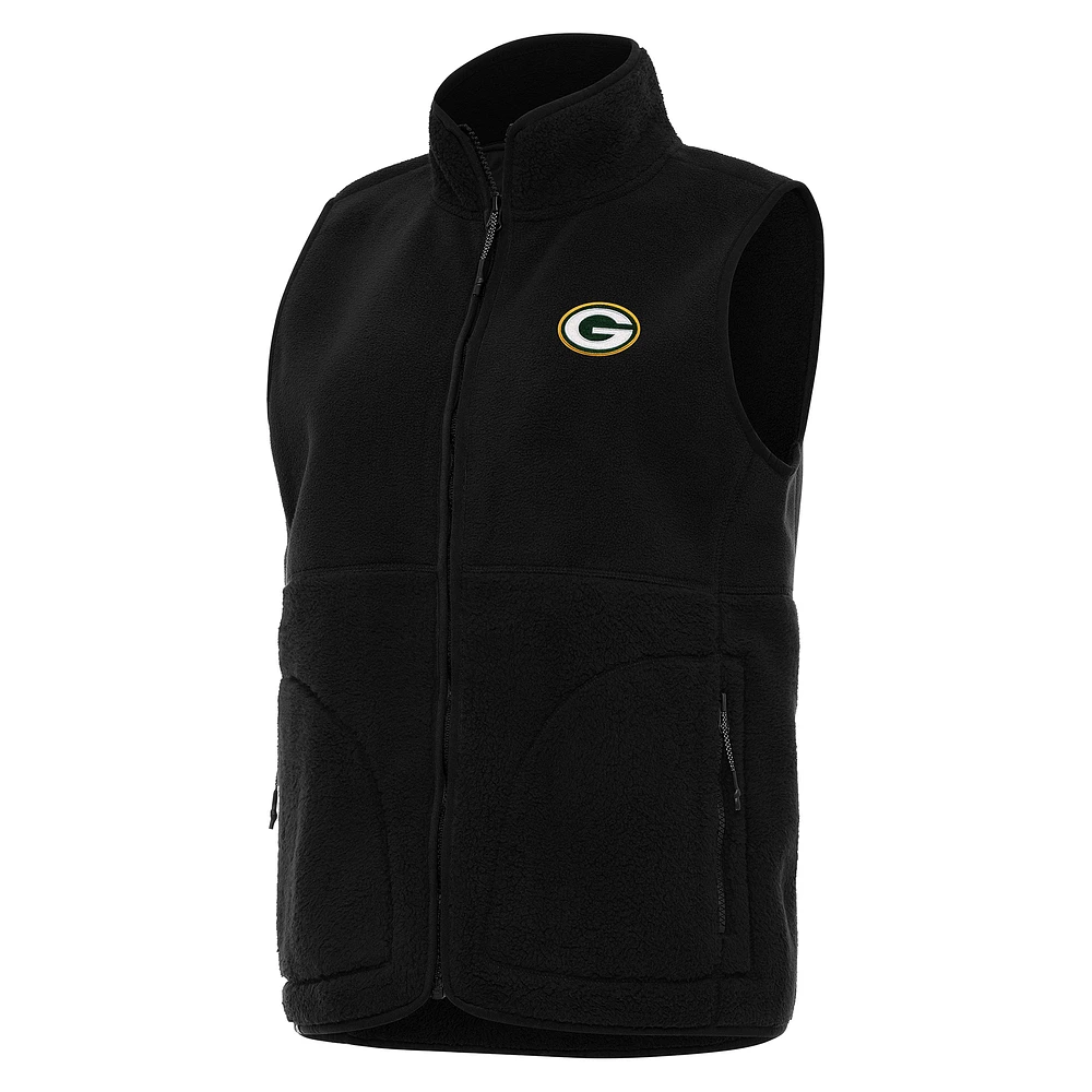 Women's Antigua Black Green Bay Packers Nostalgic Full-Zip Vest