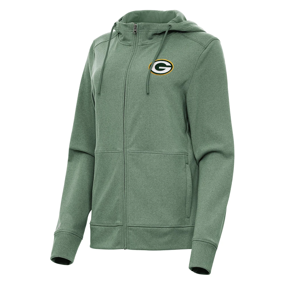 Women's Antigua Heather Green Bay Packers Seeker Full-Zip Hoodie Jacket