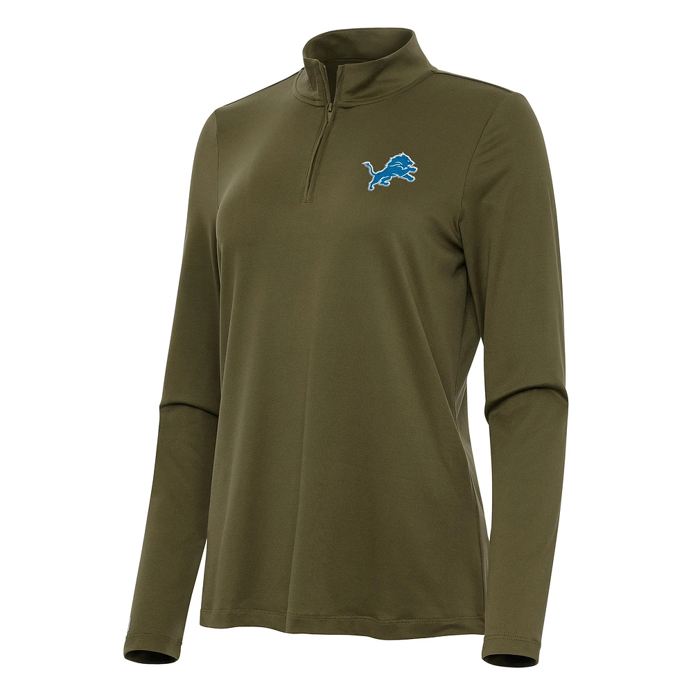 Women's Antigua Olive Detroit Lions Reprocess Quarter-Zip Top