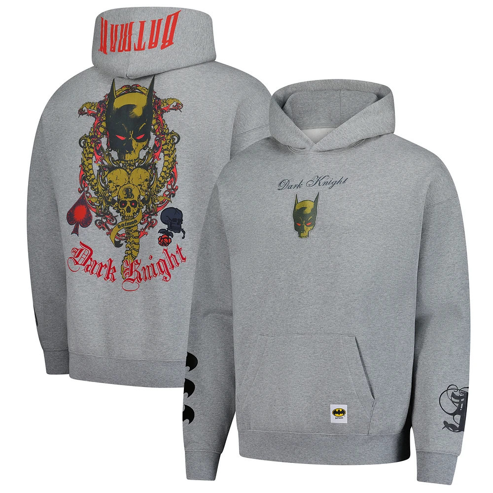 Men's Freeze Max The Dark Knight Heather Gray Batman Comics Olde English Loose Fit Pullover Hoodie